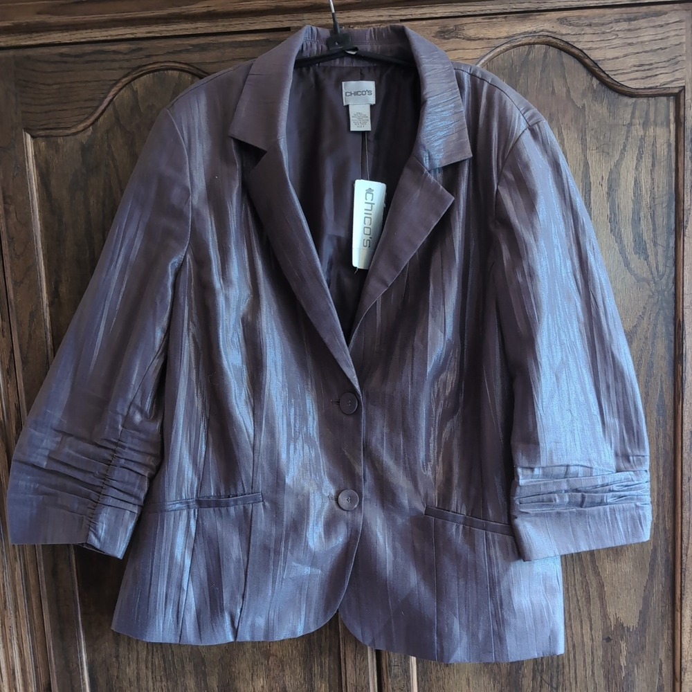 Chico's Truly Texture Liza 3/4 Sleeve Lined Jacket Cocoa Shimmer Brown Size 3 XL